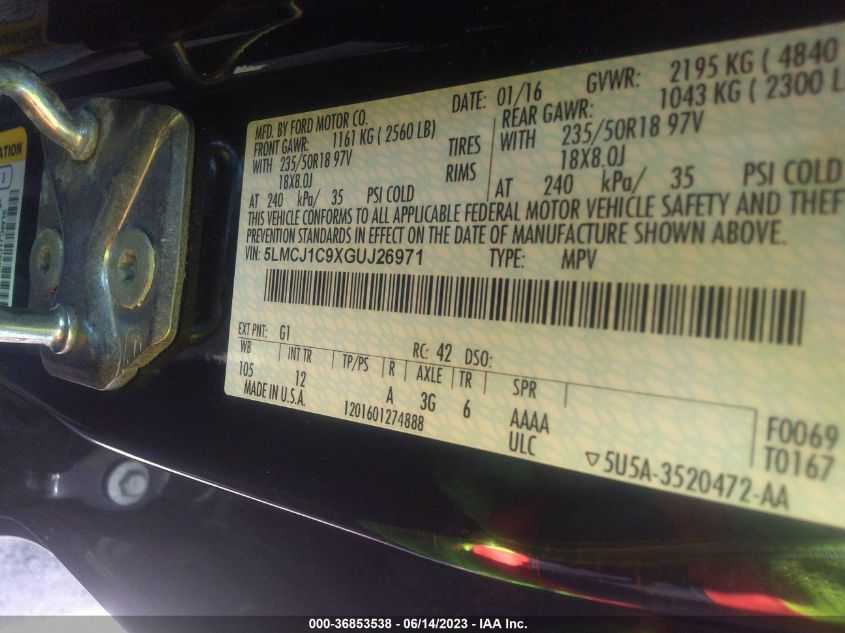 2016 LINCOLN MKC PREMIER - 5LMCJ1C9XGUJ26971