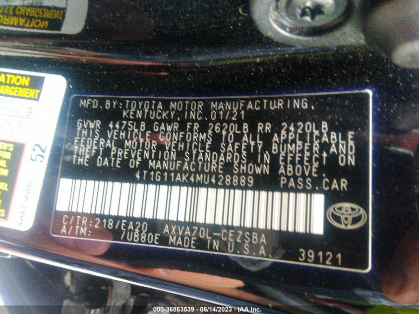 2021 TOYOTA CAMRY SE - 4T1G11AK4MU428889