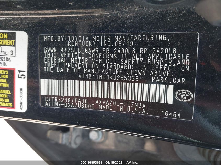 2019 TOYOTA CAMRY LE/SE/XLE/L - 4T1B11HK1KU265339