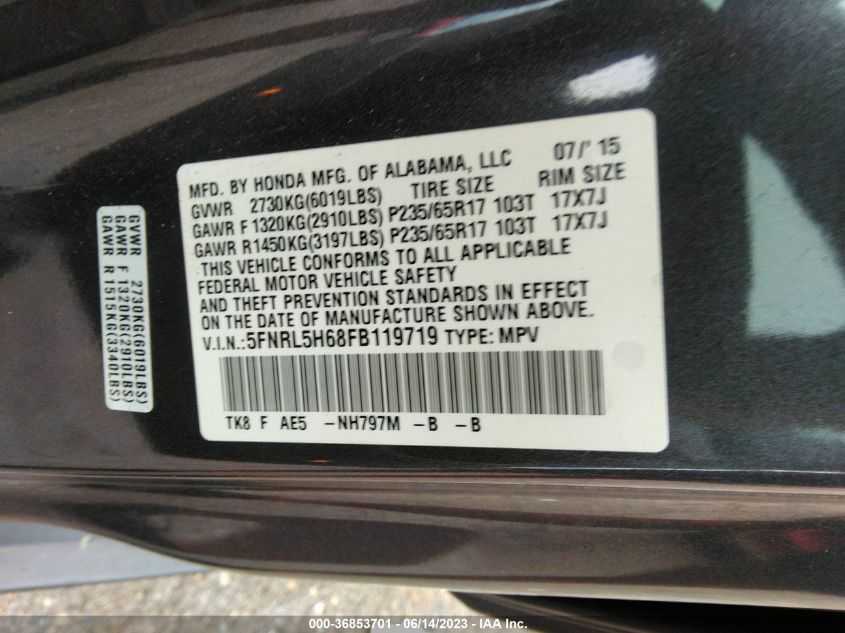 2015 HONDA ODYSSEY EXL - 5FNRL5H68FB119719