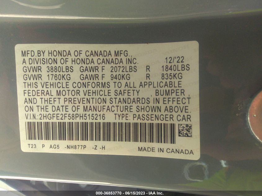 2023 HONDA CIVIC SEDAN SPORT - 2HGFE2F58PH515216