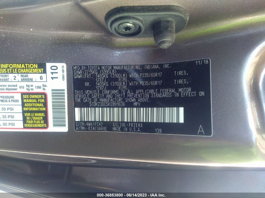 2019 TOYOTA SIENNA LE - 5TDKZ3DC5KS991636