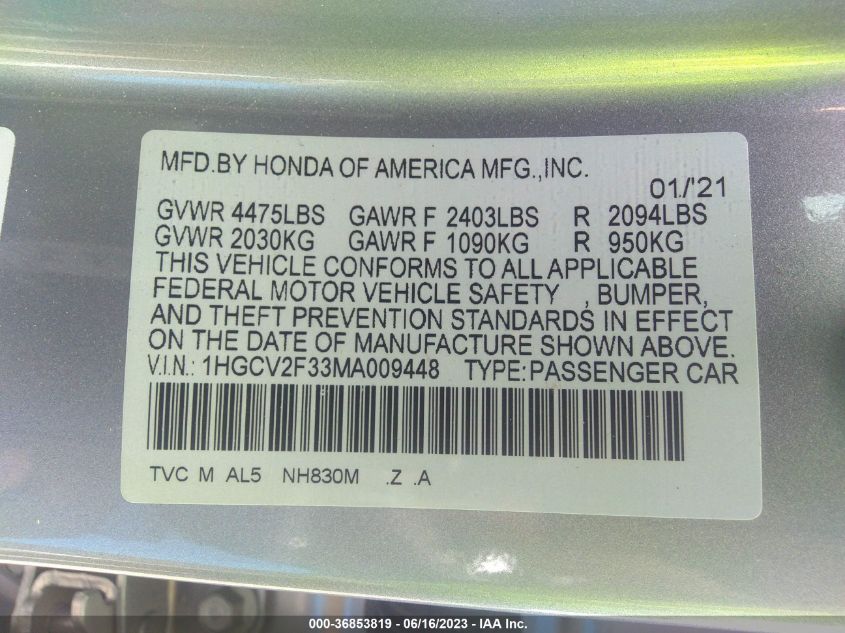 2021 HONDA ACCORD SEDAN SPORT - 1HGCV2F33MA009448
