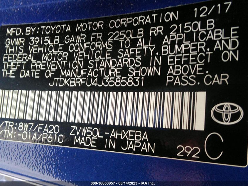 2018 TOYOTA PRIUS - JTDKBRFU4J3585831