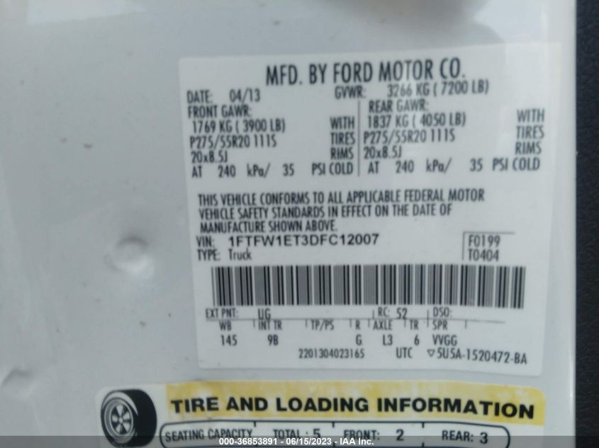 2013 FORD F-150 XL/XLT/FX4/LARIAT - 1FTFW1ET3DFC12007