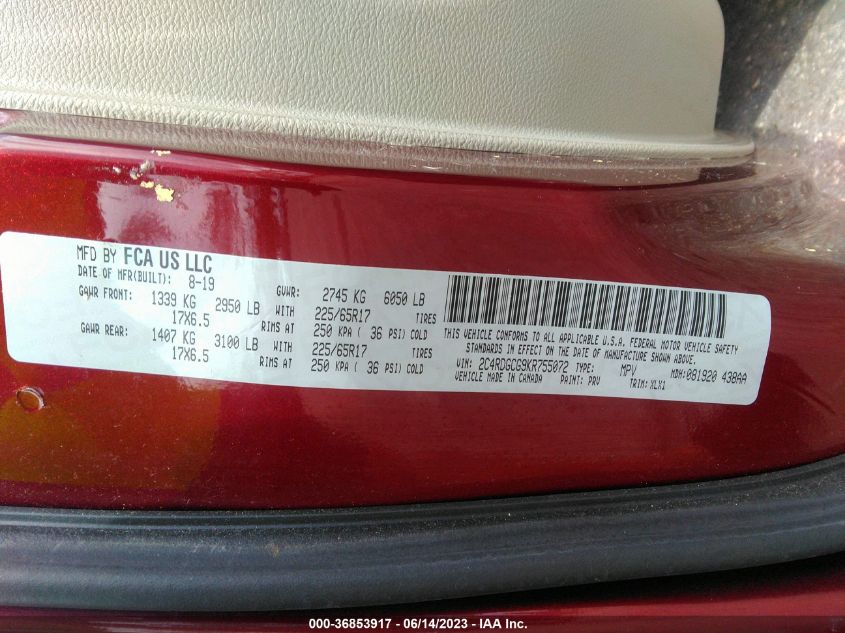 2019 DODGE GRAND CARAVAN SXT - 2C4RDGCG9KR755072