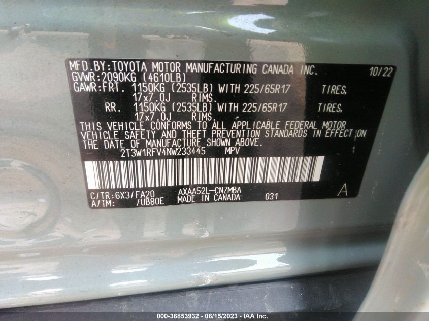 2022 TOYOTA RAV4 XLE/XLE PREMIUM - 2T3W1RFV4NW233445