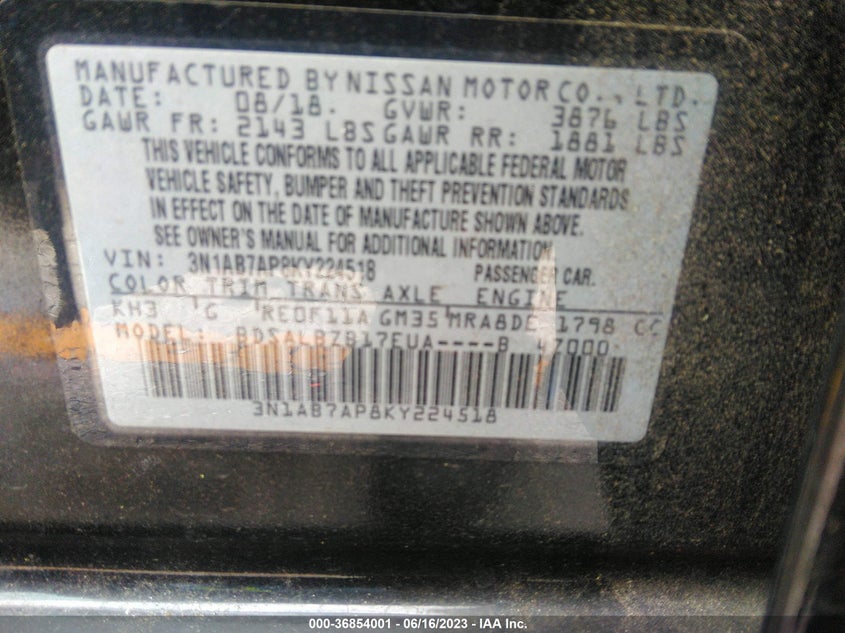 VIN 3N1AB7AP8KY224518 2019 NISSAN SENTRA S