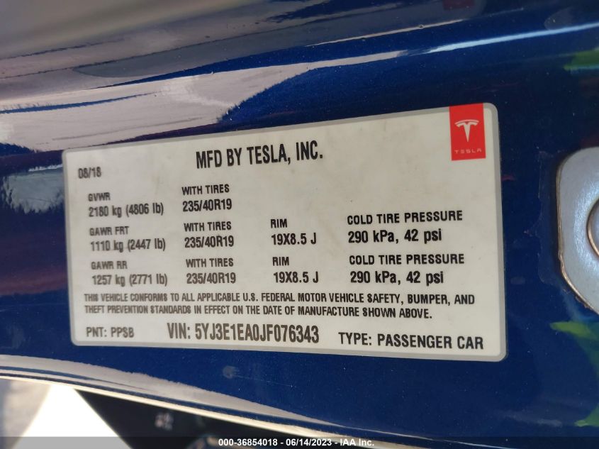 2018 TESLA MODEL 3 RANGE BATTERY - 5YJ3E1EA0JF076343