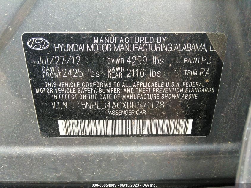 2013 HYUNDAI SONATA GLS - 5NPEB4ACXDH571178