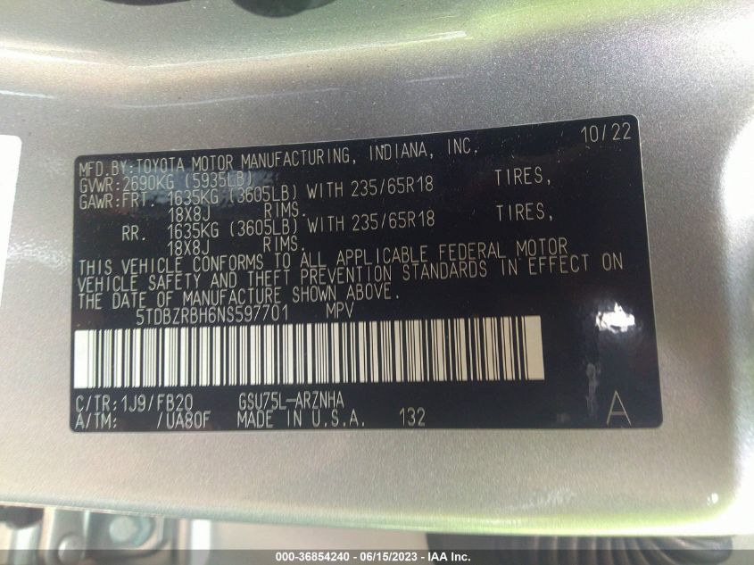 2022 TOYOTA HIGHLANDER LE - 5TDBZRBH6NS597701