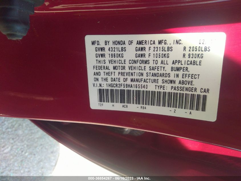 2017 HONDA ACCORD SEDAN SPORT - 1HGCR2F59HA165540