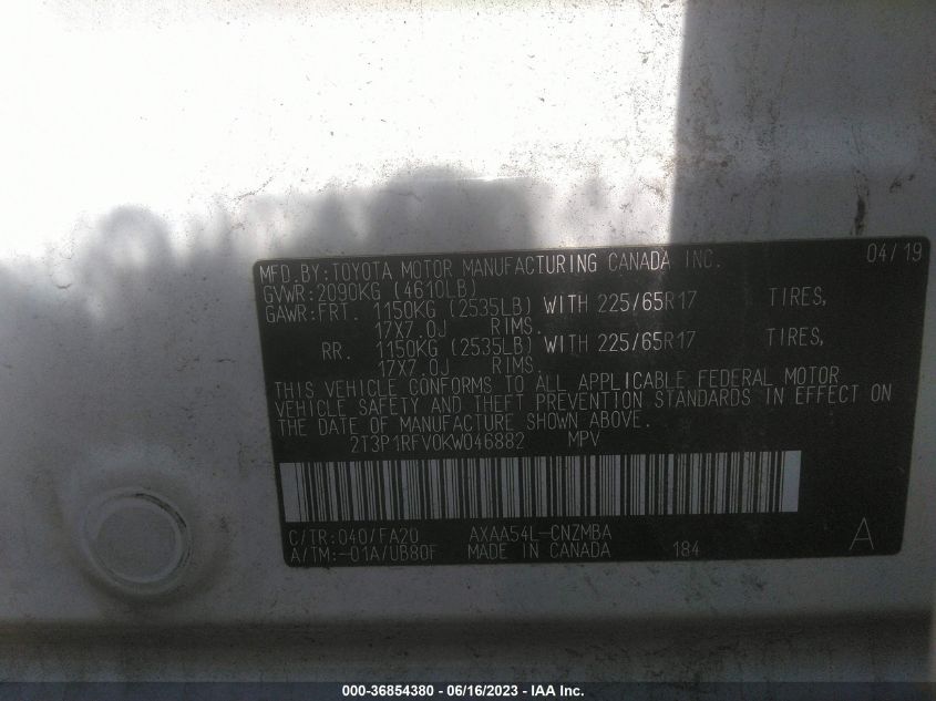 2019 TOYOTA RAV4 XLE - 2T3P1RFV0KW046882