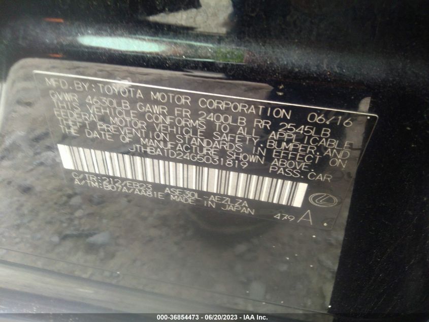 2016 LEXUS IS 200T JTHBA1D24G5031819