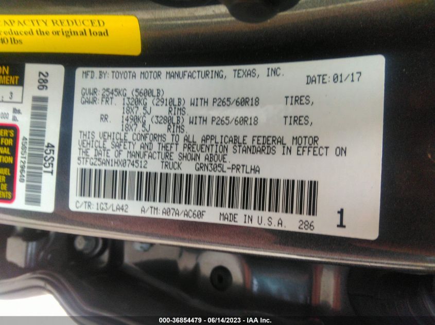 2017 TOYOTA TACOMA LIMITED - 5TFGZ5AN1HX074512