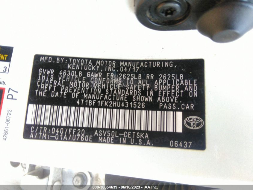 2017 TOYOTA CAMRY XLE/SE/LE/XSE - 4T1BF1FK2HU431526
