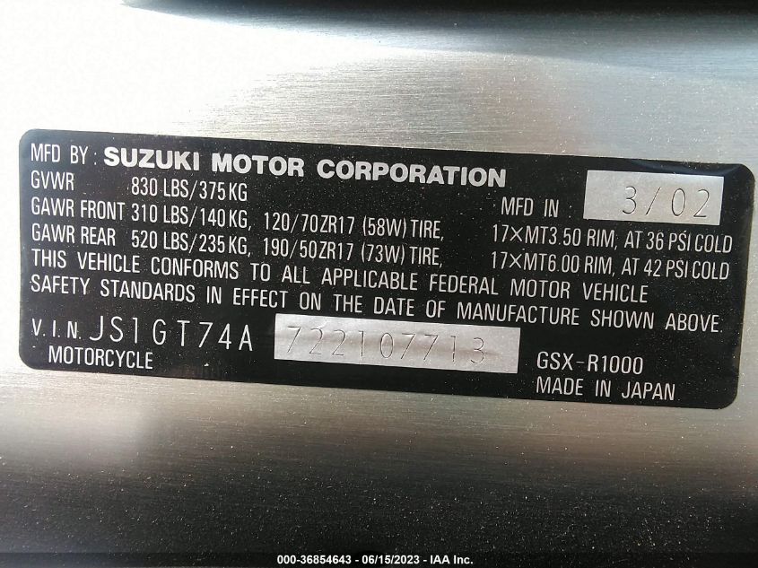 2002 SUZUKI GSX-R1000 - JS1GT74A722107713