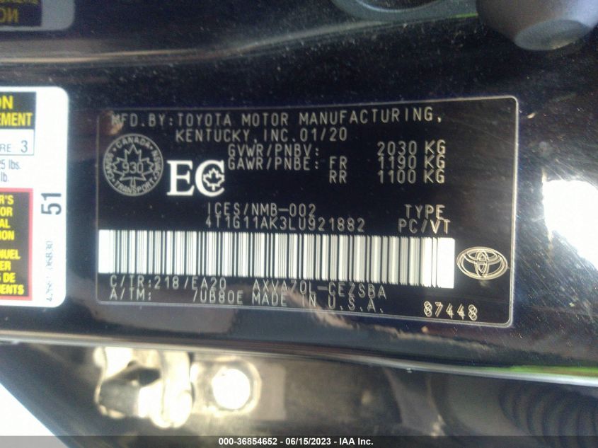 2020 TOYOTA CAMRY SE - 4T1G11AK3LU921882