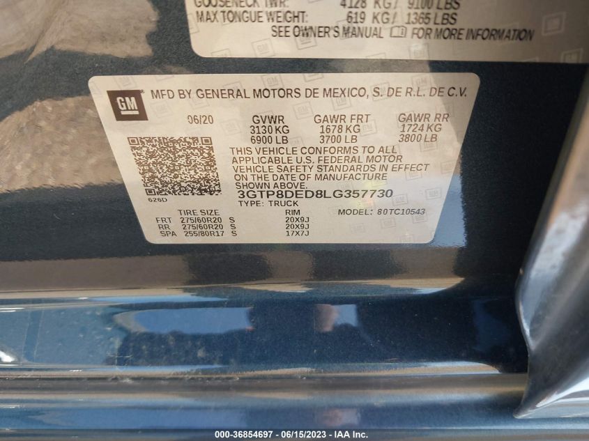 2020 GMC SIERRA 1500 SLT - 3GTP8DED8LG357730