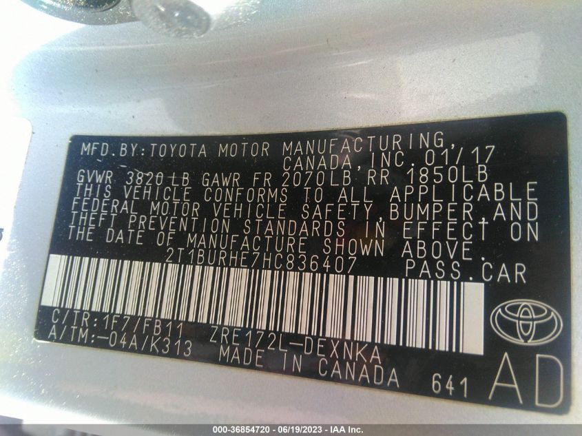 2017 TOYOTA COROLLA L/LE/XLE/SE - 2T1BURHE7HC836407