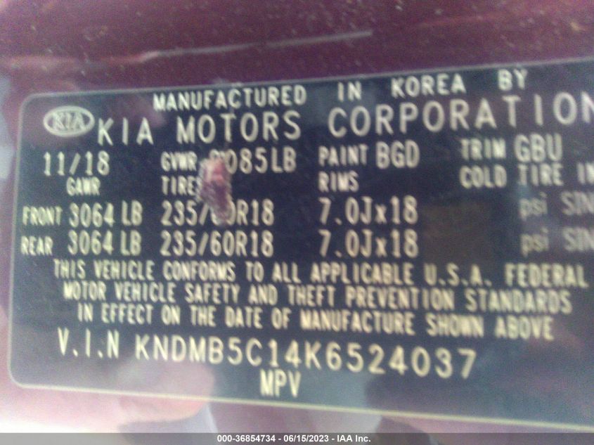 2019 KIA SEDONA EX - KNDMB5C14K6524037