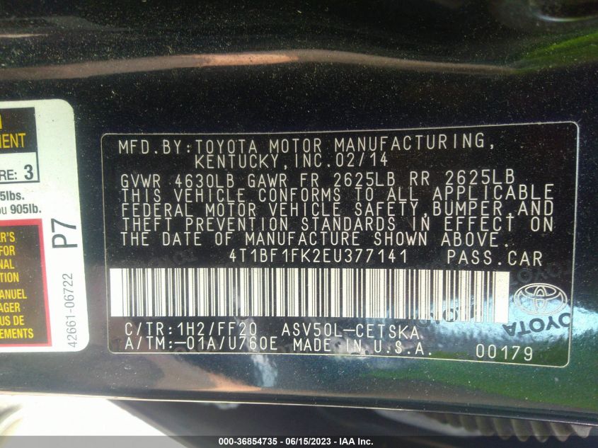 2014 TOYOTA CAMRY L/LE/XLE/SE/SE SPORT - 4T1BF1FK2EU377141