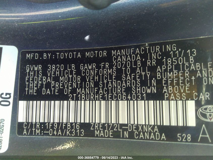 2014 TOYOTA COROLLA L/LE/LE PLS/PRM/S/S PLS - 2T1BURHE1EC064031