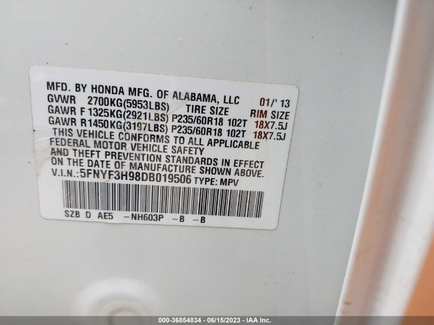 2013 HONDA PILOT TOURING - 5FNYF3H98DB019506