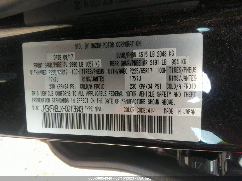 VIN JM3KFABLXH0213643 2017 MAZDA CX-5 SPORT