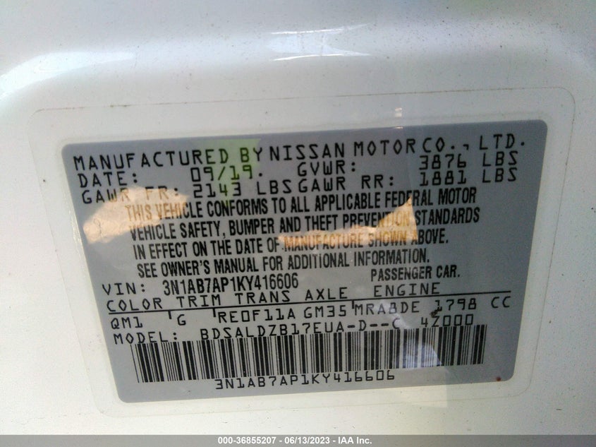 VIN 3N1AB7AP1KY416606 2019 NISSAN SENTRA SV