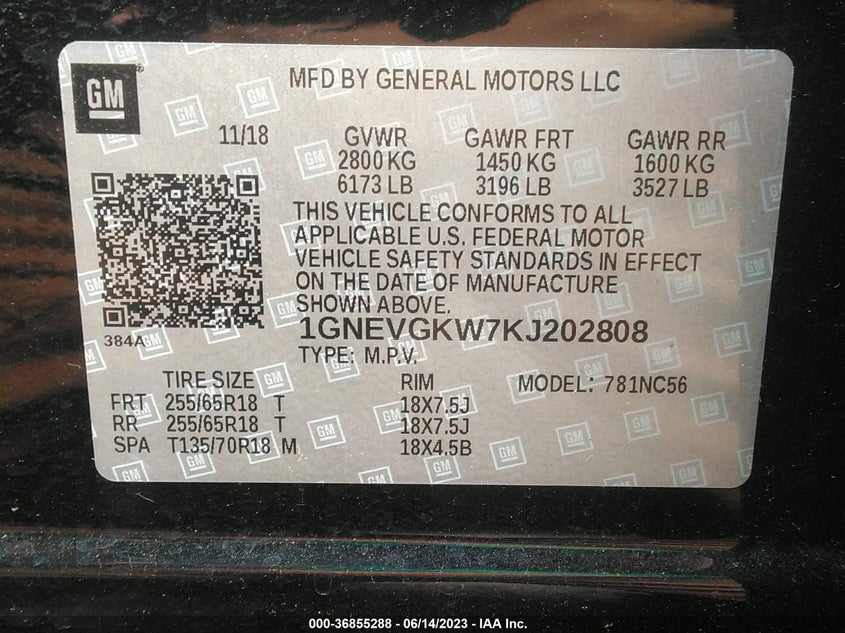VIN 1GNEVGKW7KJ202808 2019 CHEVROLET TRAVERSE LT CLOTH