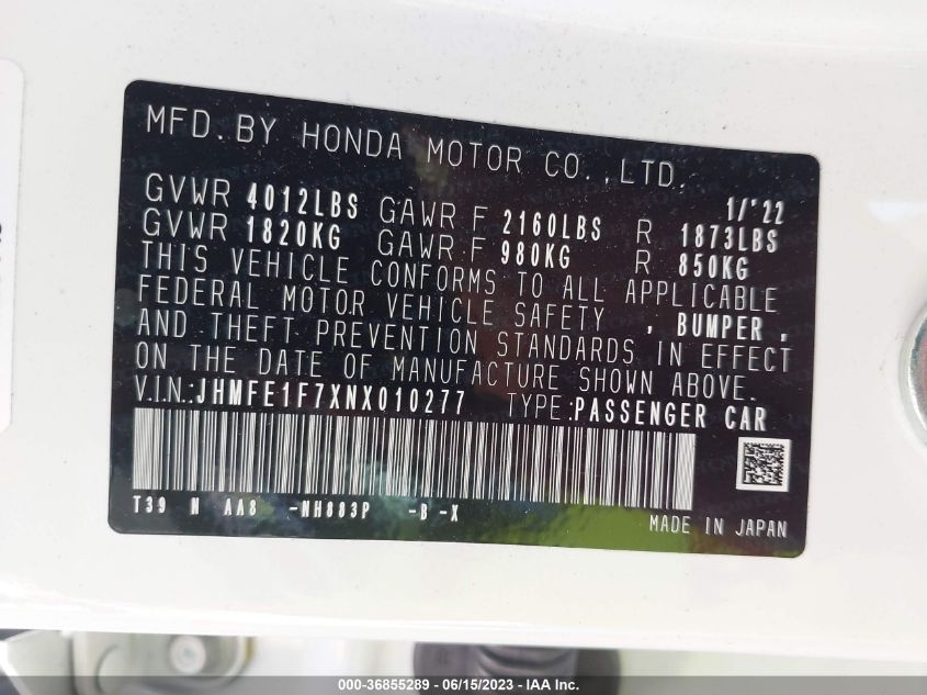 2022 HONDA CIVIC SEDAN EX - JHMFE1F7XNX010277