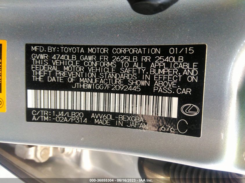 2015 LEXUS ES 300H HYBRID JTHBW1GG7F2092445