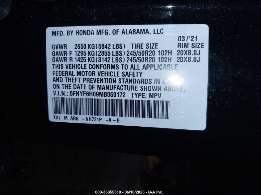 2021 HONDA PILOT ELITE - 5FNYF6H09MB069172