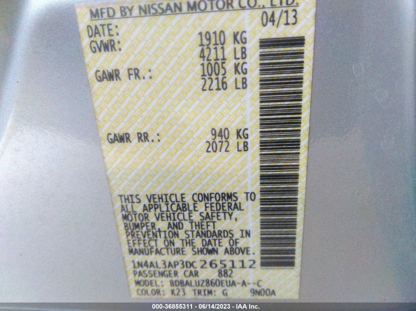 2013 NISSAN ALTIMA 2.5 SV - 1N4AL3AP3DC265112