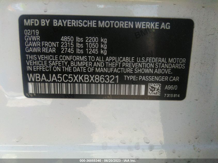 2019 BMW 5 SERIES 530I - WBAJA5C5XKBX86321