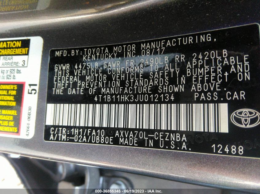 2018 TOYOTA CAMRY L/LE/XLE/SE/XSE - 4T1B11HK3JU012134