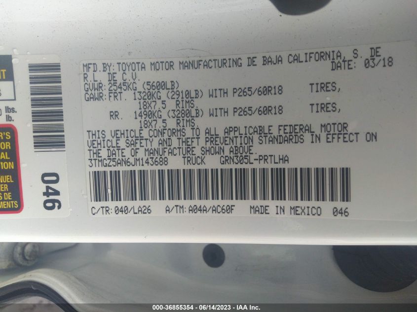 2018 TOYOTA TACOMA SR/SR5/TRD SPORT - 3TMGZ5AN6JM143688