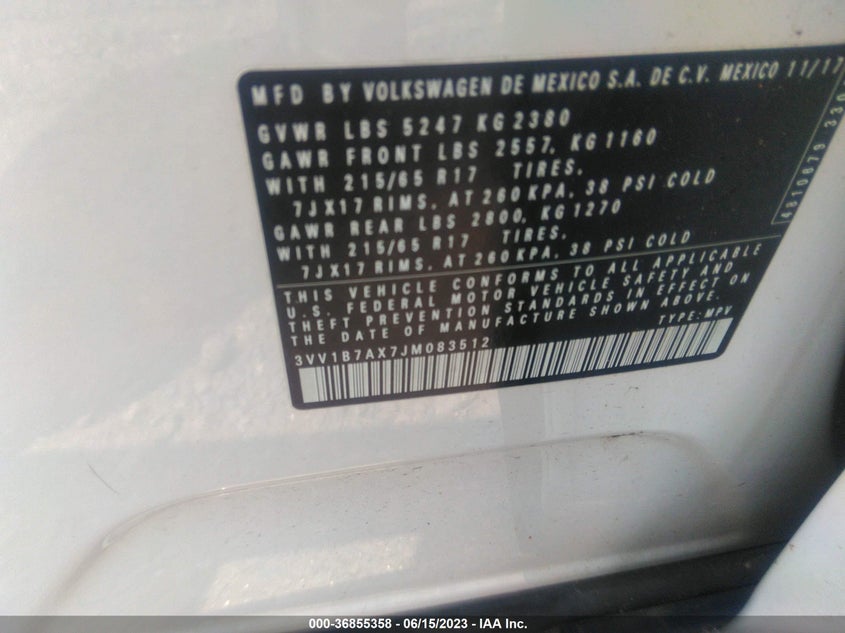 VIN 3VV1B7AX7JM083512 2018 VOLKSWAGEN TIGUAN S