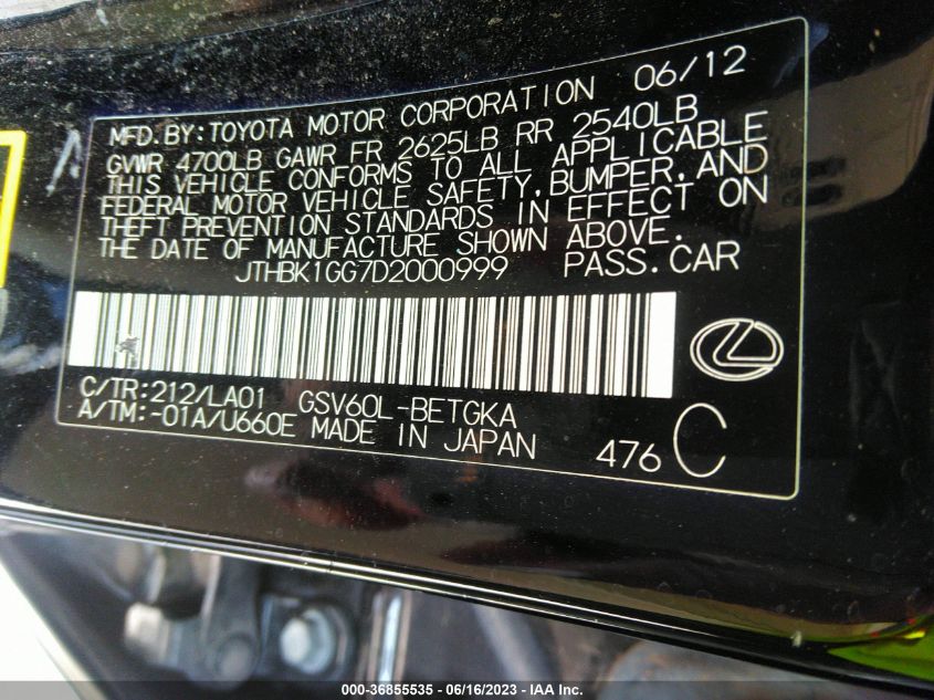 2013 LEXUS ES 350 4DR SDN - JTHBK1GG7D2000999
