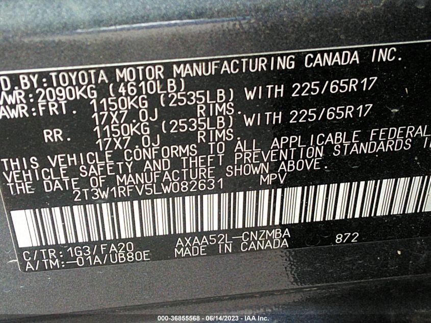 2020 TOYOTA RAV4 XLE/XLE PREMIUM - 2T3W1RFV5LW082631