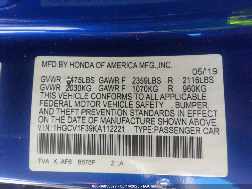 VIN 1HGCV1F39KA112221 2019 HONDA ACCORD SEDAN SPORT 1.5T