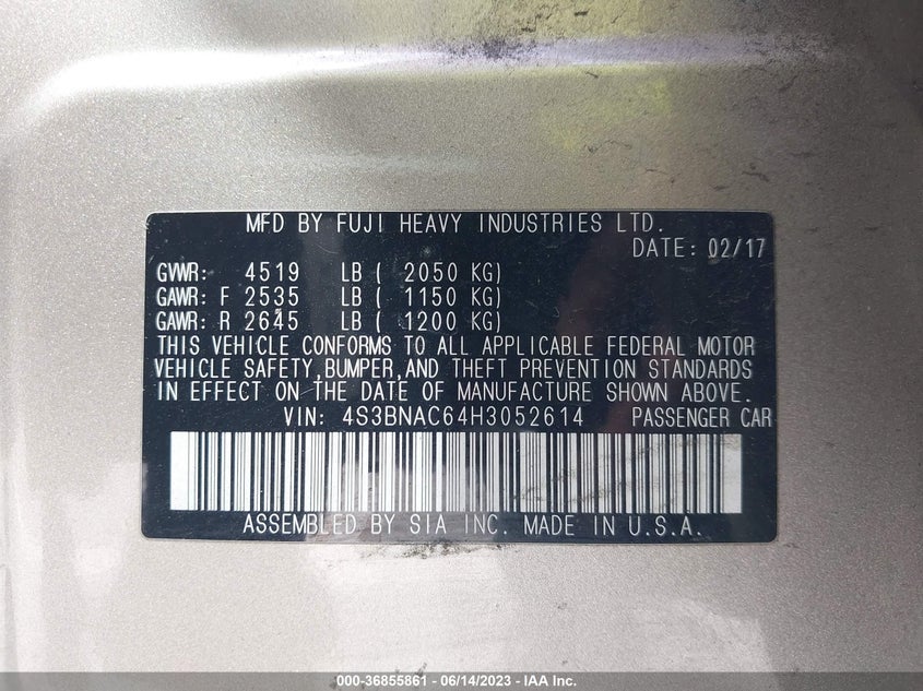 VIN 4S3BNAC64H3052614 2017 SUBARU LEGACY PREMIUM