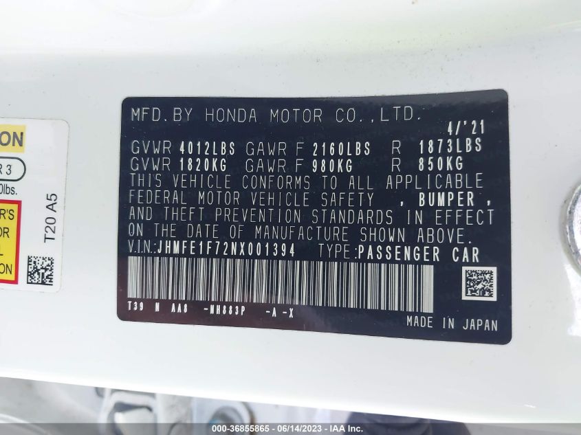 JHMFE1F72NX001394 Honda Civic Sedan EX 9