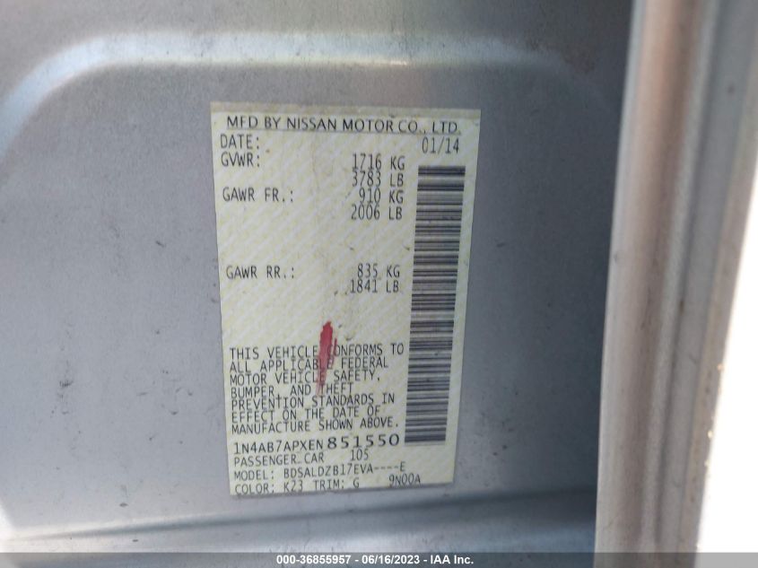 2014 NISSAN SENTRA SV - 1N4AB7APXEN851550