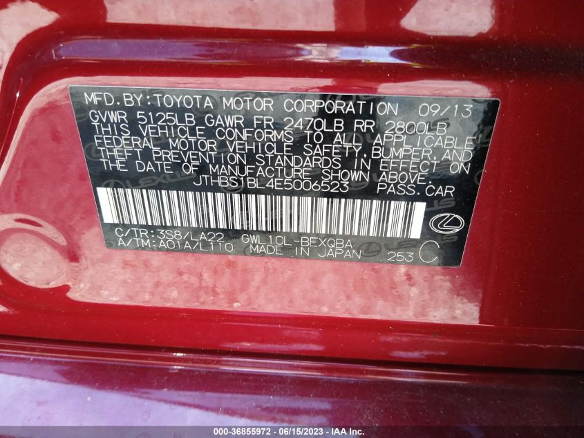 2014 LEXUS GS 450H HYBRID JTHBS1BL4E5006523