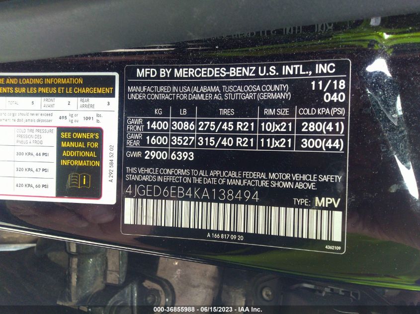 2019 MERCEDES-BENZ GLE AMG GLE 43 - 4JGED6EB4KA138494