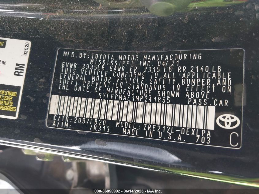 2021 TOYOTA COROLLA LE - 5YFEPMAE1MP241855