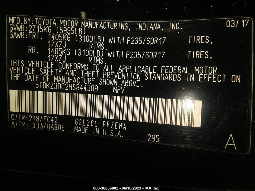 2017 TOYOTA SIENNA LE - 5TDKZ3DC2HS844389