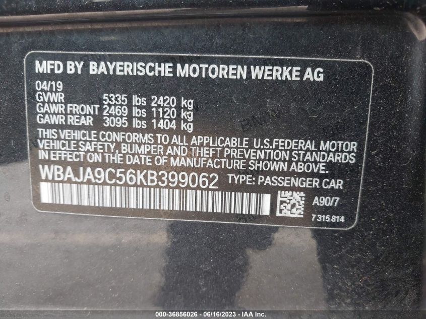 2019 BMW 5 SERIES 530E IPERFORMANCE - WBAJA9C56KB399062
